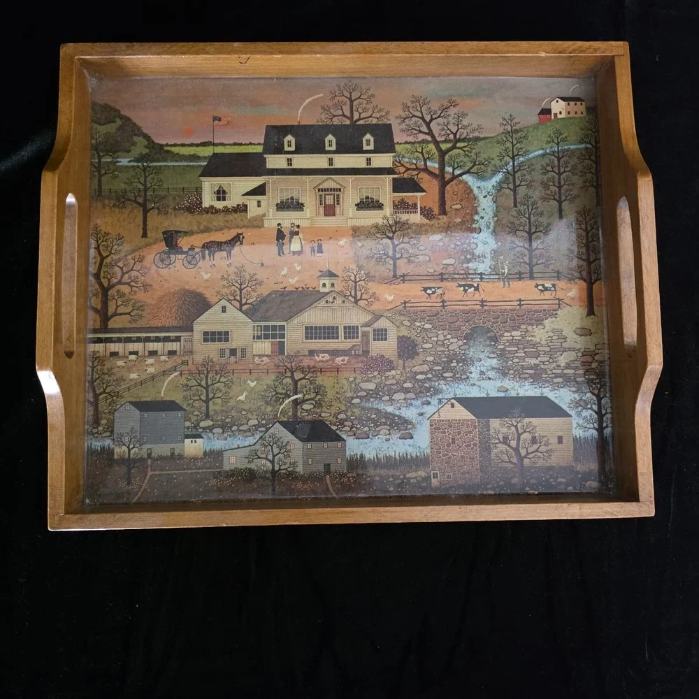 VTG Charles Wysocki Wood Tray Americana  Scene 